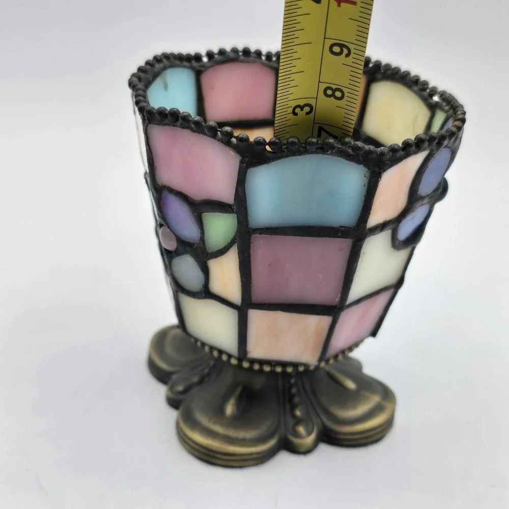PartyLite Stained Glass Votive Candle Holder Mosaic Pastel Floral Metal Base - Picture 9 of 9